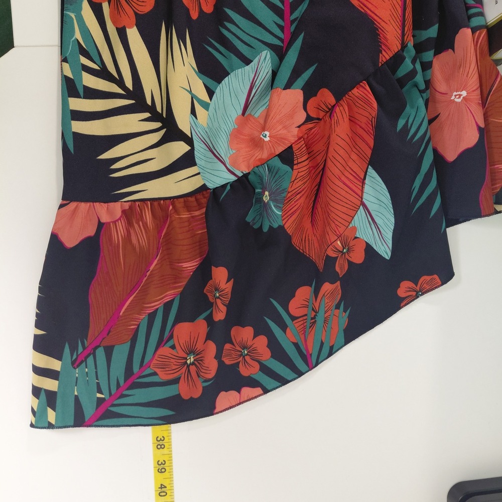 Tropical Floral V-Neck Ruffle Mini Dress Flutter Sleeve Tie Back High Waist ?Lg? - Picture 12 of 14